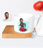 BK Gift Kişiye Özel Asker Karikatür Ahşap Altlıklı Seramik Fincan  1