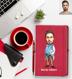 Kişiye Özel Doktor Karikatürlü Kırmızı Defter Kalem Hediye Seti Bay-5
