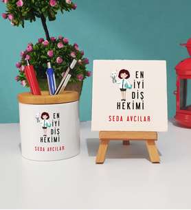 En İyi Diş Hekimi Tasarımlı Kişiye Özel Diş Hekimi Kalemlik ve Dekoratif Taş Baskı Seti