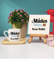 Maden Mühendisi Ahşap Altlıklı Türk Kahvesi Fincanı ve Dekoratif Taş Baskı