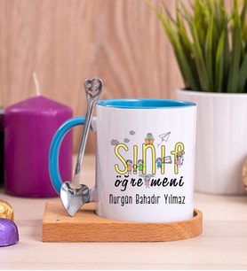 Sınıf Öğretmeni Ahşap Altlıklı Mavi Kupa Bardak