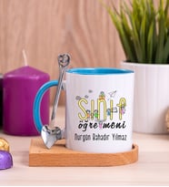 Sınıf Öğretmeni Ahşap Altlıklı Mavi Kupa Bardak
