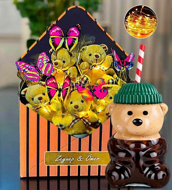 Kişiye Özel Led Işıklı Peluş Ayıcık Buketi & Kelebek Buketi & Bearista Şapkalı Ayıcık Pipetli Bardak