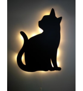 CajuArt Dekoratif Büyük Boy Led Işıklı Oturan Kedi Ahşap Tablo (Siyah)
