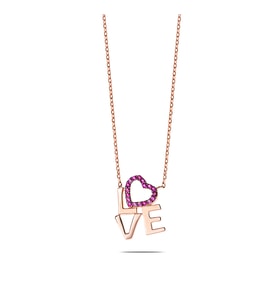 Pembe Zirkon Taşlı Love-Kalp Tasarım 925 Ayar Gümüş Bayan Kolye