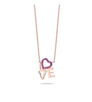 Pembe Zirkon Taşlı Love-Kalp Tasarım 925 Ayar Gümüş Bayan Kolye
