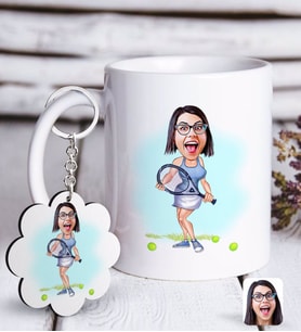 BK Gift Kişiye Özel Bayan Tenis Oyuncusu Karikatürlü Beyaz Kupa ve Anahtarlık Hediye Seti-1 (Model 1)