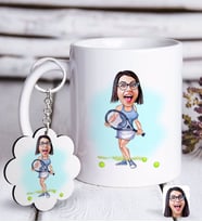 BK Gift Kişiye Özel Bayan Tenis Oyuncusu Karikatürlü Beyaz Kupa ve Anahtarlık Hediye Seti-1 (Model 1)