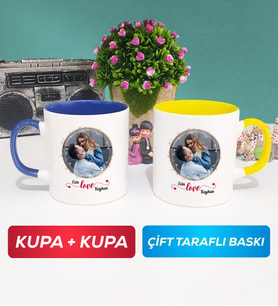 İkili Sevgiliye Sevgililer Günü Hediyesi 11 Kupa Bardak Lacivert Sarı