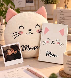 Kişiye Özel Fotoğraflı Sevimli Kedi Polar Yastık Ve Kedi Defter