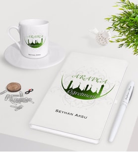 BK Gift Kişiye Özel Arapça Öğretmeni Beyaz Defter Kalem Türk Kahvesi Fincanı Seti-2 (Model 1)