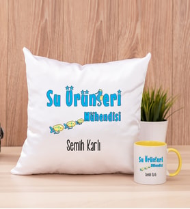 Su Ürünleri Mühendisi Kare Yastık ve Sarı Kupa Bardak