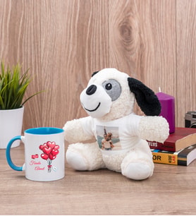 Sevgililere Özel Balon Tasarım Mavi Kupa Bardak ve Peluş Köpek