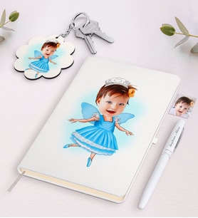 BK Gift Kişiye Özel Kız Çocuk Balerin Karikatürlü Beyaz Defter Kalem ve Anahtarlık Hediye Seti (Model 1)