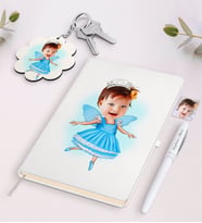 BK Gift Kişiye Özel Kız Çocuk Balerin Karikatürlü Beyaz Defter Kalem ve Anahtarlık Hediye Seti (Model 1)