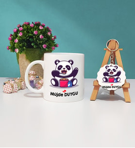 Sevimli Panda Tasarımlı Kişiye Özel Panda Kupa Bardak ve Ahşap Anahtarlık Seti
