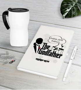 BK Gift Kişiye Özel Babaların Babası Beyaz Defter Kalem Termos Mug Seti-3 (Model 1)