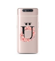 Pembe Çiçekli Harf Tasarım Süper Şeffaf Silikon Telefon Kılıfı Samsung A80 Ü-Har