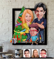 BK Gift Kişiye Özel Yeni Yıl Aile Karikatürlü 3D Ahşap Tablo-3 (Beyaz)