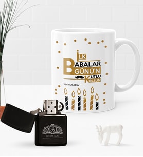 BK Gift Kişiye Özel İlk Babalar Günün Kutlu Olsun Benzinli Çakmak ve Kupa Seti-5 (Model 1)