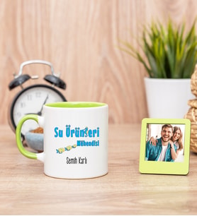 Su Ürünleri Mühendisi Yeşil Kupa Bardak ve Yeşil Mini Fotoğraf Çerçevesi