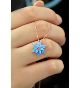 925 Ayar Gümüş Turkuaz Doğal Opal Taşlı Lotus Kolye