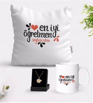BK Gift Kişiye Özel En İyi Öğretmen Beyaz Kupa Yastık ve İsimli Papatya Kolye Hediye Seti-6 (Model 1)