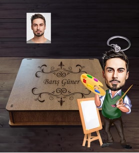 Kişiye Özel Ressam Karikatürlü Ahşap Anahtarlık Kutulu  Bay-1