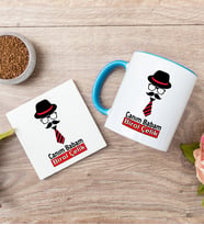 Babaya Hediye Mavi Kupa Bardak Ve Bardak Altlığı Seti