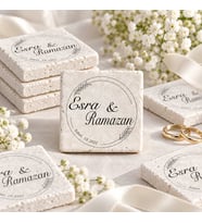 30 Adet Kişiye Özel Baskılı Doğal Taş Magnet 5x5cm Söz, Nikah, Nişan Hatırası (Beyaz)
