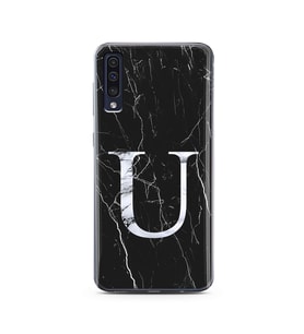 Samsung A50 Siyah Mermer Harf Tasarımlı Telefon Kılıfı U-Harfi 