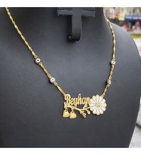 925 Ayar Gümüş 24 Ayar Altın Kaplama 2 Nazar Boncuklu İsimli Papatya Kolye (Gold)