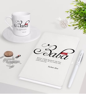 BK Gift Kişiye Özel Mânâ Baba Beyaz Defter Kalem Türk Kahvesi Fincanı Seti-1 (Model 1)