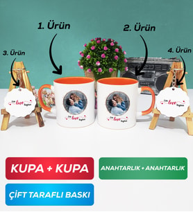 İkili Turuncu Sevgiliye Sevgililer Günü Hediyesi 11 Kupa Bardak Anahtarlık
