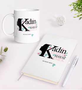 BK Gift Kişiye Özel Kadınlar Günü Hayat Tasarımlı Beyaz Defter Kalem ve Kupa Seti-1 (Model 1)
