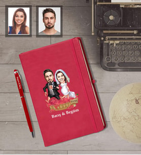 Kişiye Özel Gelin Damat Karikatürlü Kırmızı Defter Kalem Hediye Seti   Mod-4