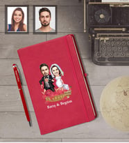 Kişiye Özel Gelin Damat Karikatürlü Kırmızı Defter Kalem Hediye Seti   Mod-4