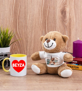 Sevgiliye Hediye İsim Yazılı Kalpli Sarı Kupa Bardak ve Peluş Ayıcık