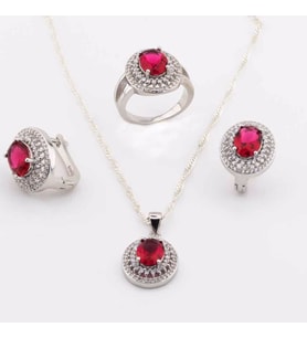 925 Ayar Gümüş Kırmızı Oval Zirkon Taşlı Set