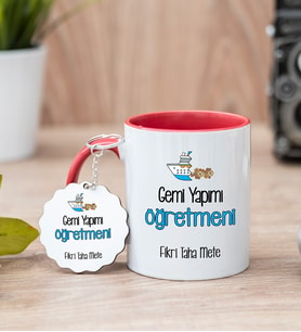 Gemi Yapımı Öğretmeni Kırmızı Kupa Bardak Ve Anahtarlık Set
