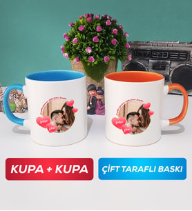 İkili Sevgiliye Sevgililer Günü Hediyesi 8 Kupa Bardak Mavi Turuncu