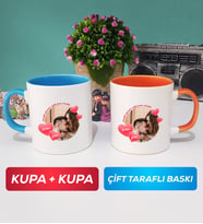İkili Sevgiliye Sevgililer Günü Hediyesi 8 Kupa Bardak Mavi Turuncu