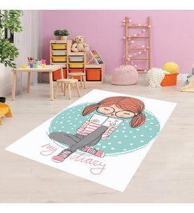 Kitap Okuyan İnsan Desenli Dijital Baskı Yıkanabilir Kaymaz Taban Çocuk Odası Halısı (Krem)
