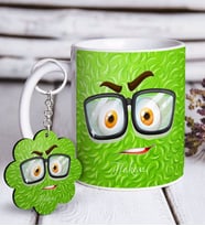 BK Gift Kişiye Özel Emoji Yüz Beyaz Kupa ve Anahtarlık Hediye Seti-1 (Model 1)