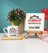 Otomotiv Mühendisi Ahşap Altlıklı Türk Kahvesi Fincanı ve Dekoratif Taş Baskı