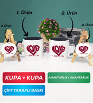 İkili Siyah Siyah Love Tasarımlı Sevgililer Günü Hediyesi Kupa Bardak Anahtarlık