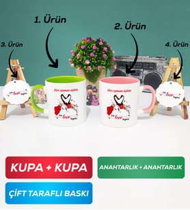 İkili Yeşil Pembe Sevgiliye Sevgililer Günü Hediyesi 10 Kupa Bardak Anahtarlık