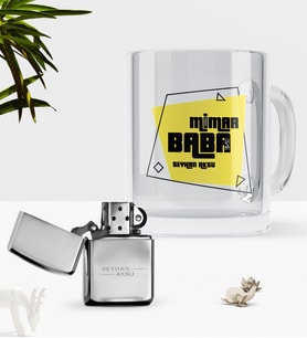 BK Gift Kişiye Özel Mimar Baba Cam Kupa Bardak Benzinli Çakmak Seti-2 (Model 1)