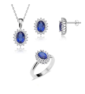 Oval Safir Taşlı Anturaj Pırlanta Montür Beyaz Gümüş Üçlü Set