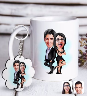 BK Gift Kişiye Özel Sevgililer Karikatürlü Beyaz Kupa ve Anahtarlık Hediye Seti-6 (Model 1)